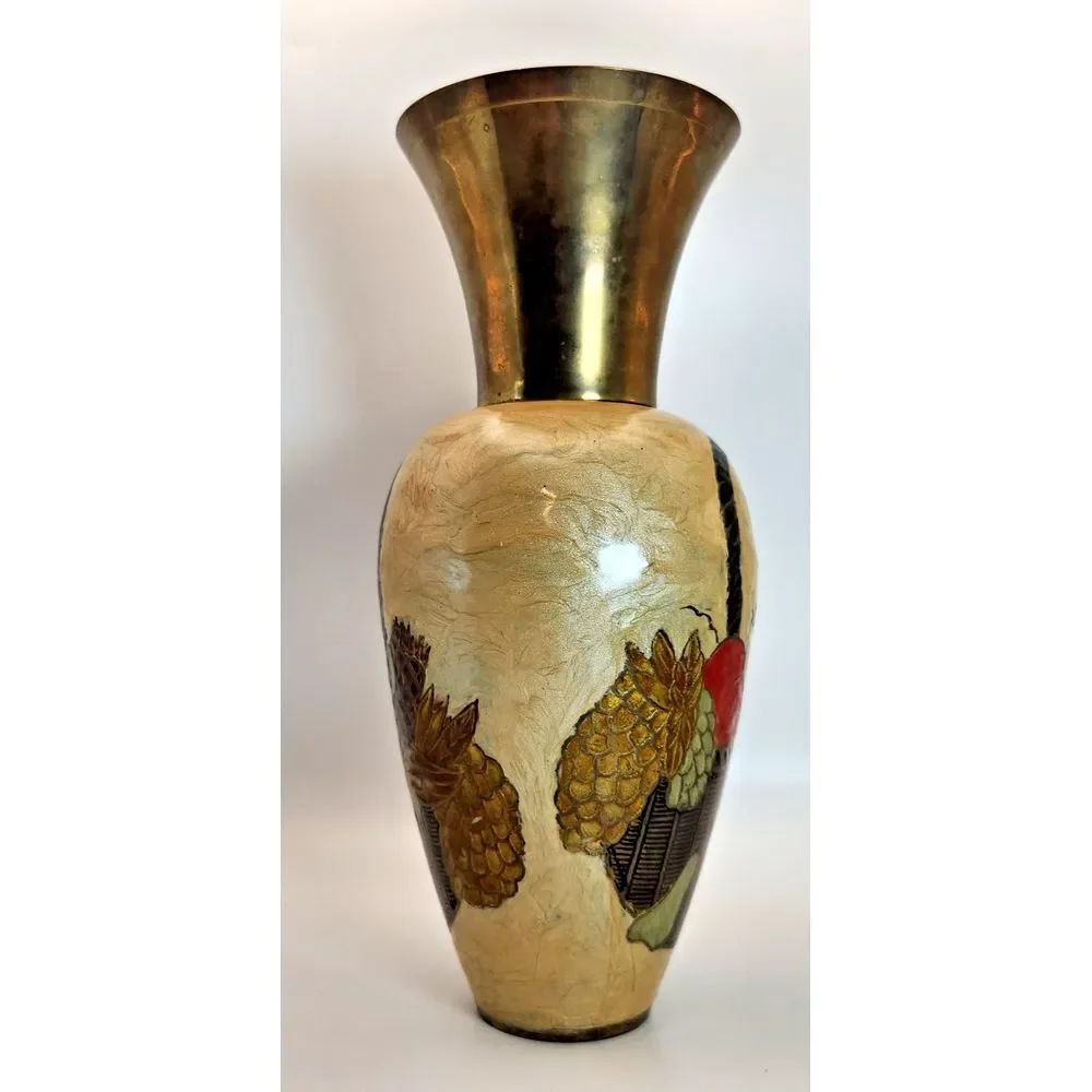 Vintage Enamel on‎ Brass Vase w/ Removable Neck Fruit Basket Design Hand Made